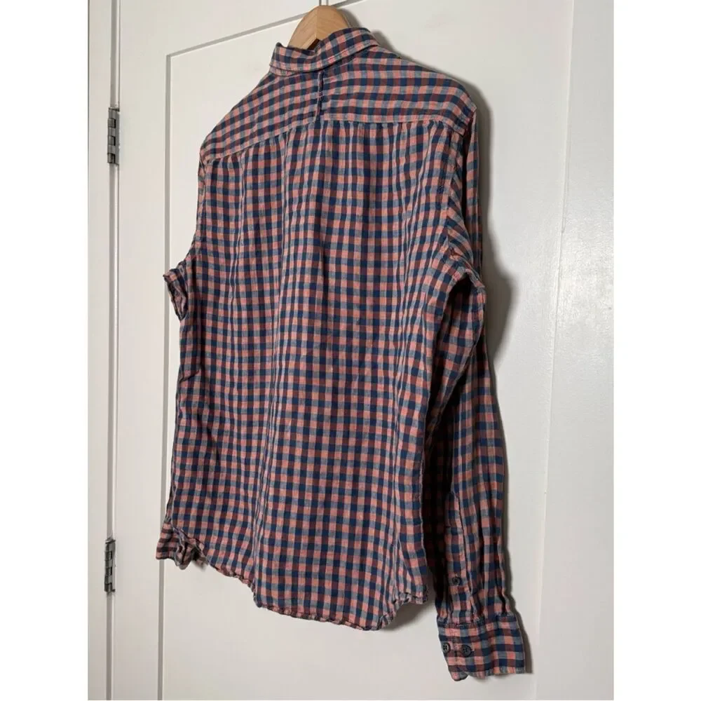 Banana Republic Camden Fit Shirt Men Sz M Blue Pink Check 100% Linen Long Sleeve